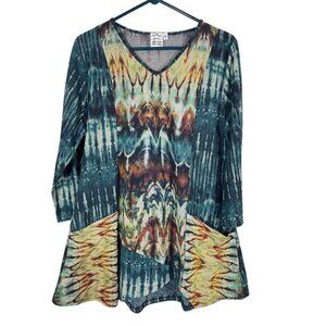 Parsley Sage Boho Top XL Green Tie Dye Tunic Abstract Hippie Indie Colorful